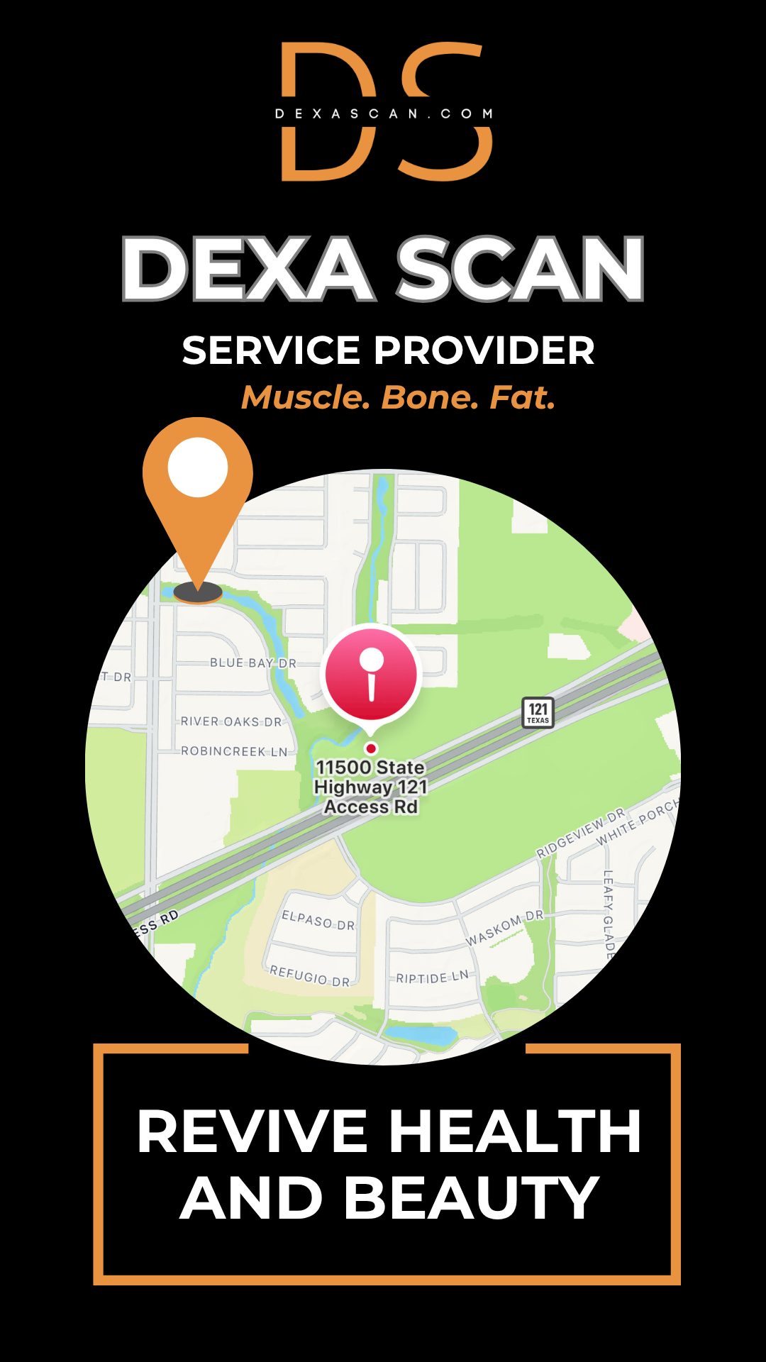 Dexa Scan service provider advertisement with map and contact information on a black background