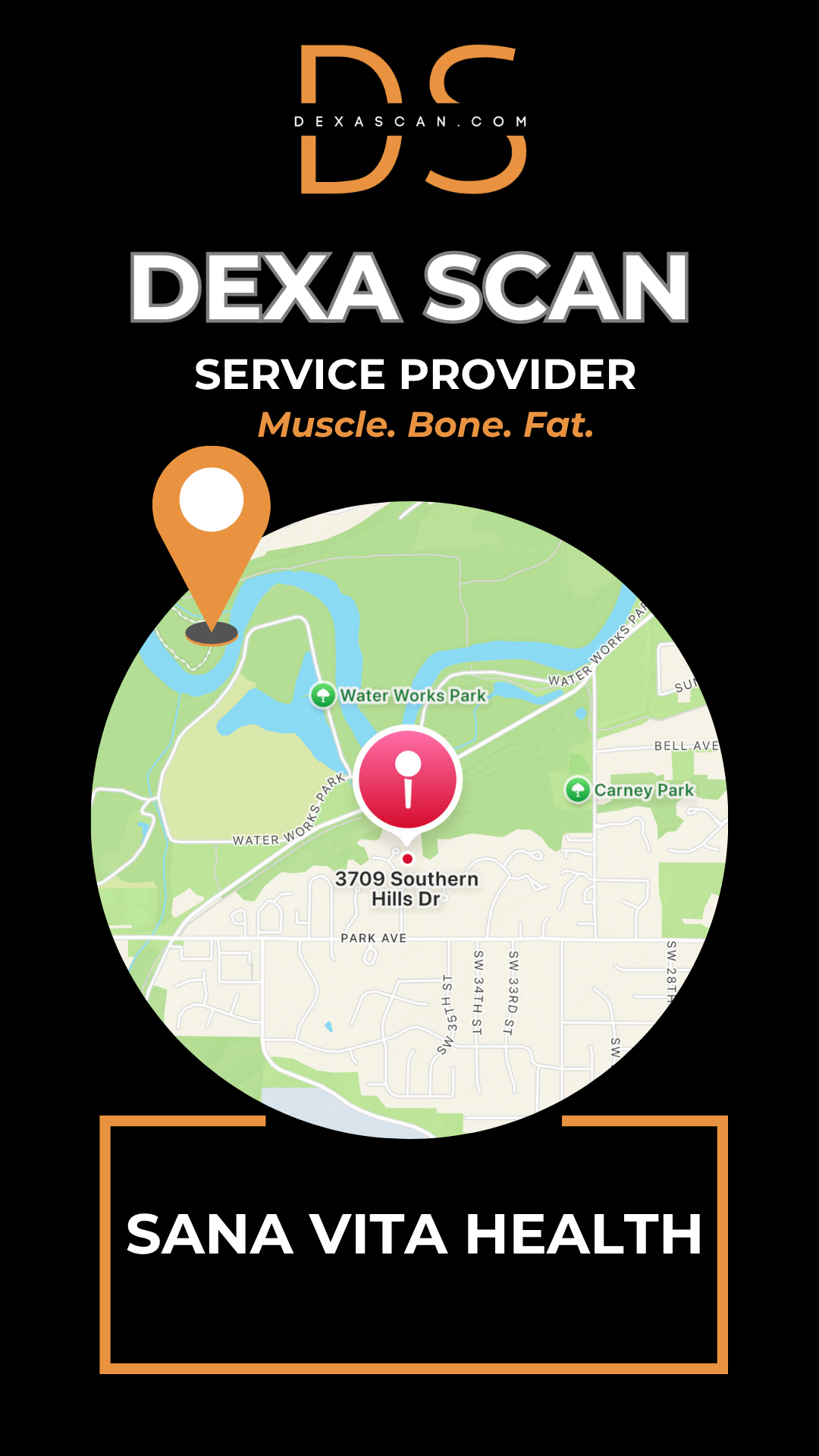 DEXA Scan service provider Sana Vita Health with a map and contact details.