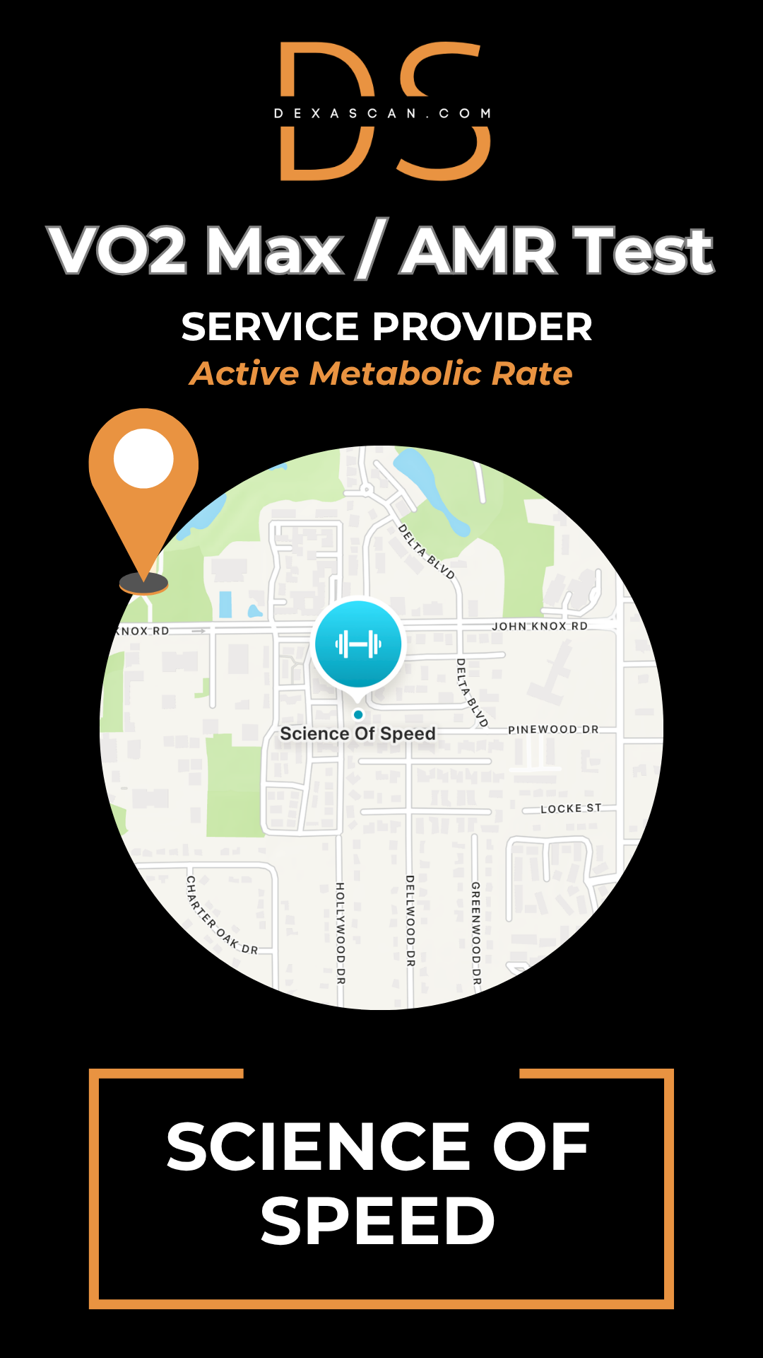 Advertisement for VO2 Max/AMR Test service provider with map and location icon on a black background.