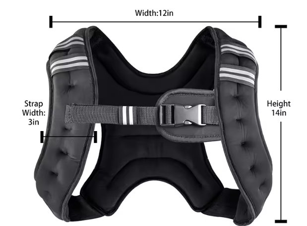 Black protective vest with measurements on a white background