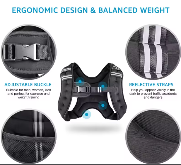 Ergonomic harness with adjustable buckle and reflective straps on a white background
