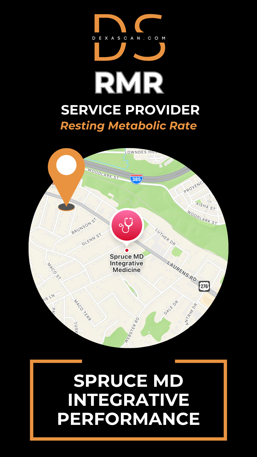 Map with location pin and text about RMR service provider Spruce MD Integrative Performance on a black background.