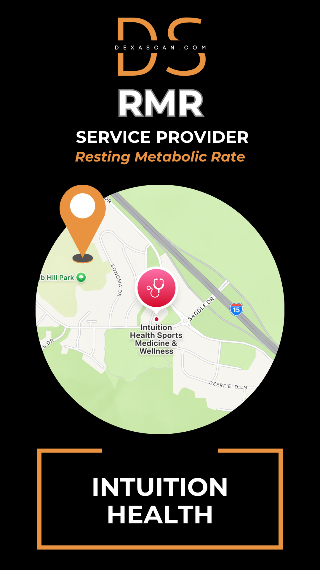 dexascan.com resting metabolic rate service provider Intuition Health with location map and pin