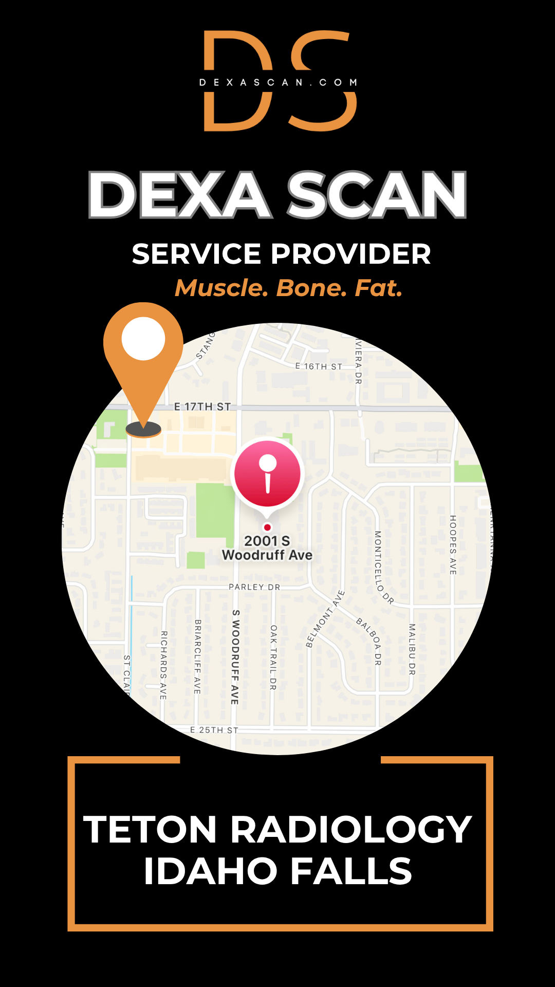 Dexa Scan service provider advertisement with map and contact information on a black background