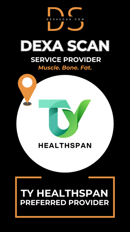 Advertisement for DEXA Scan service provider TY Healthspan on a black background