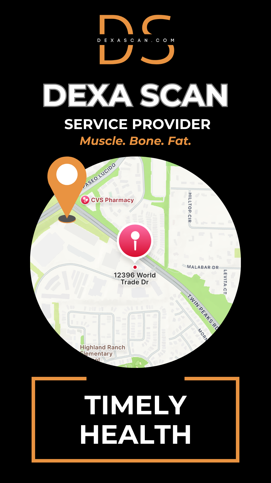 Dexa Scan service provider advertisement with map and contact information on a black background