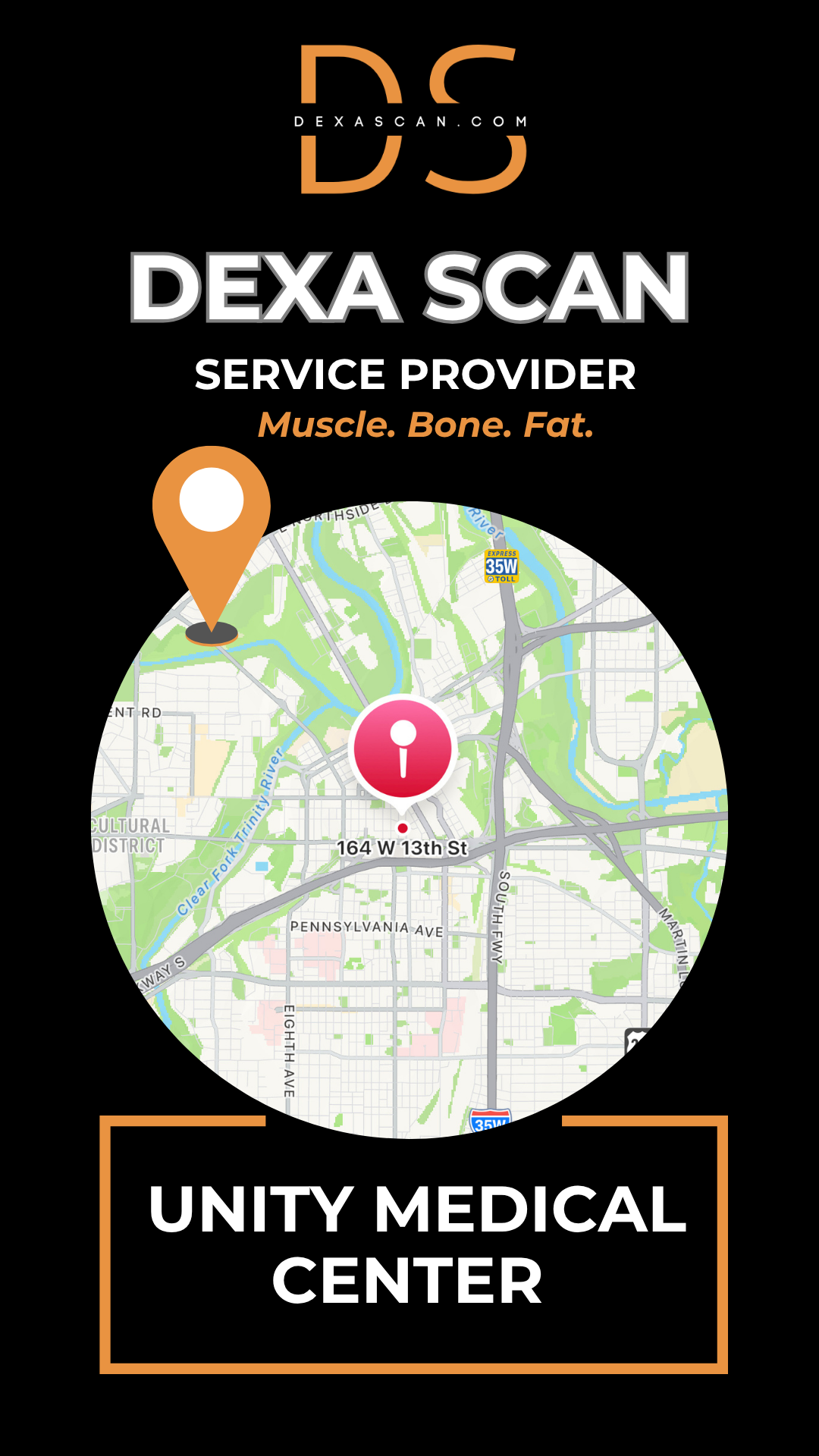 Dexa Scan service provider advertisement with map and location pin on a black background