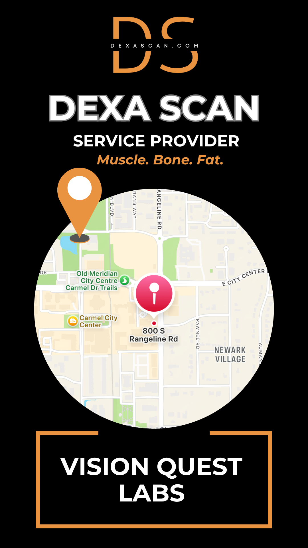 DEXA Scan service provider with map and contact information on a black background.