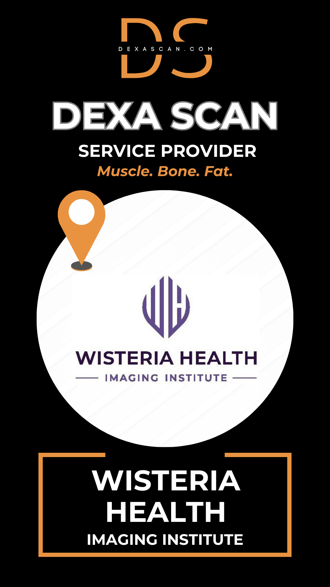 Dexa Scan service provider logo with Wisteria Health Imaging Institute branding on a black background.