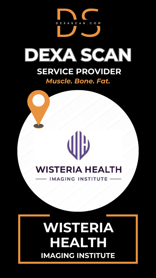 Dexa Scan service provider logo with Wisteria Health Imaging Institute branding on a black background.
