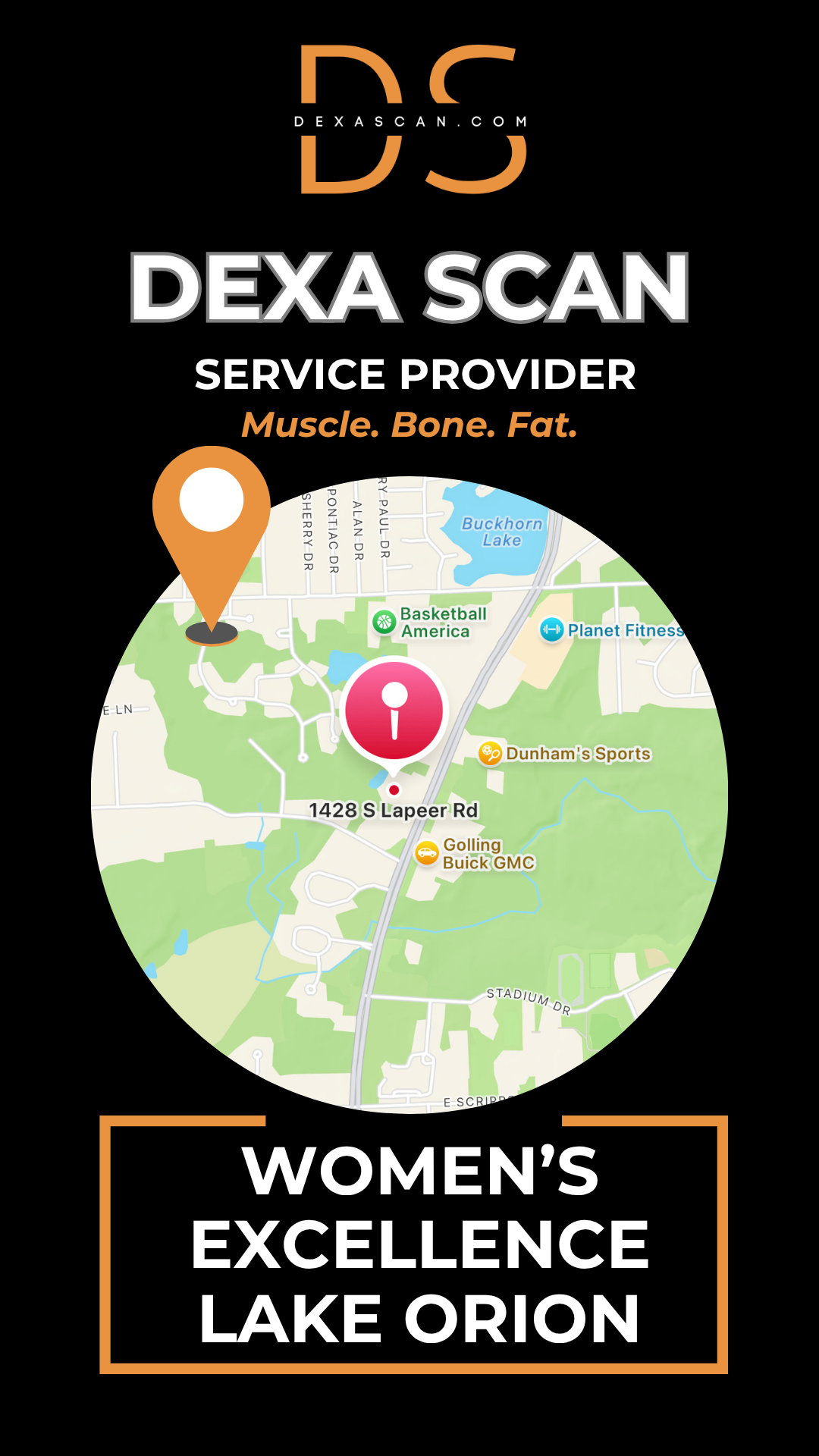 Dexa Scan service provider advertisement with map and branding elements on a black background