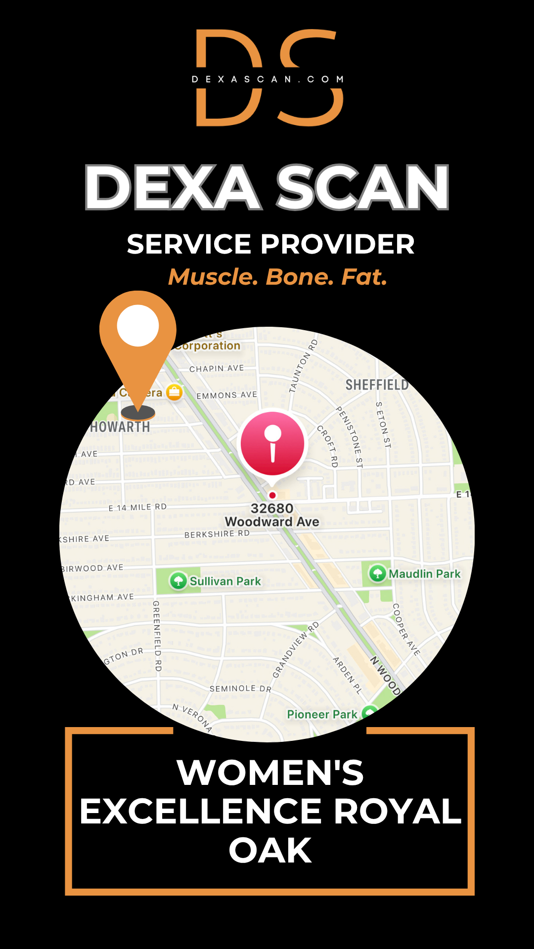 Dexa Scan service provider advertisement with map and branding elements.