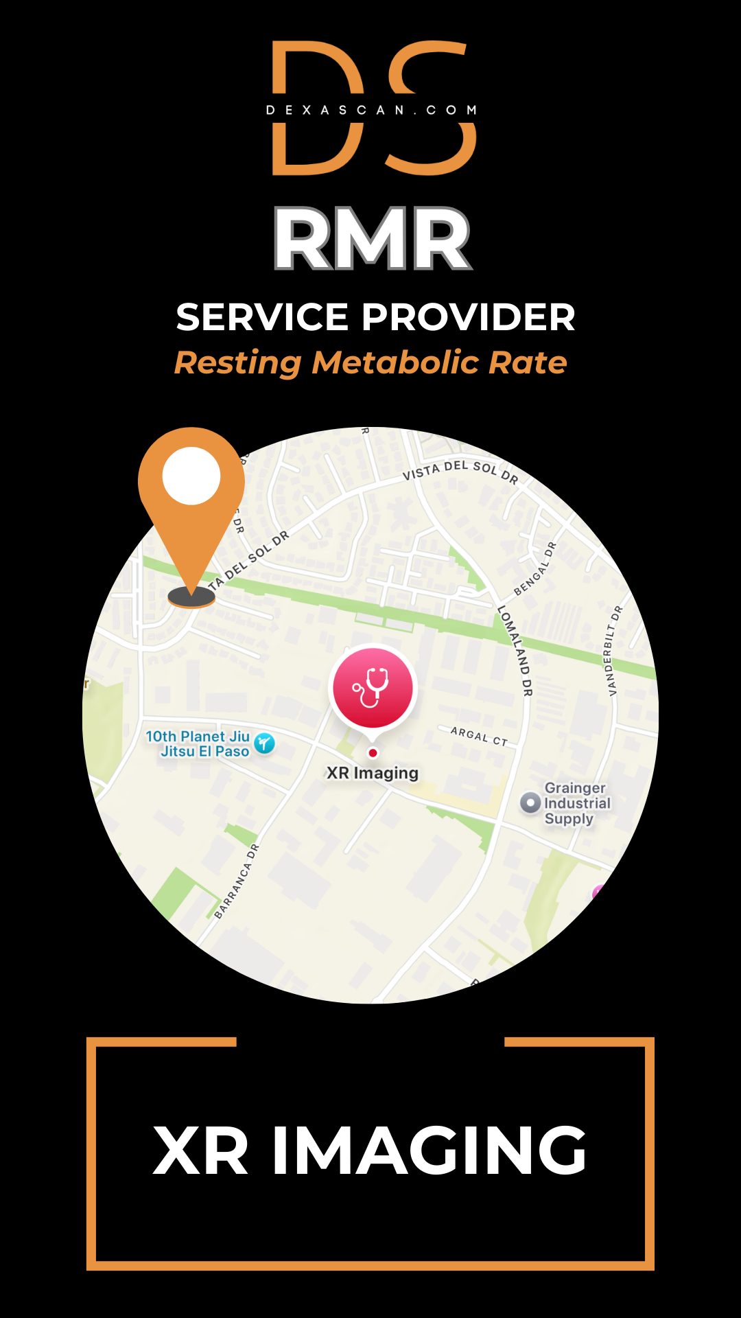 Map with location markers and text about RMR service provider and XR Imaging on a black background.