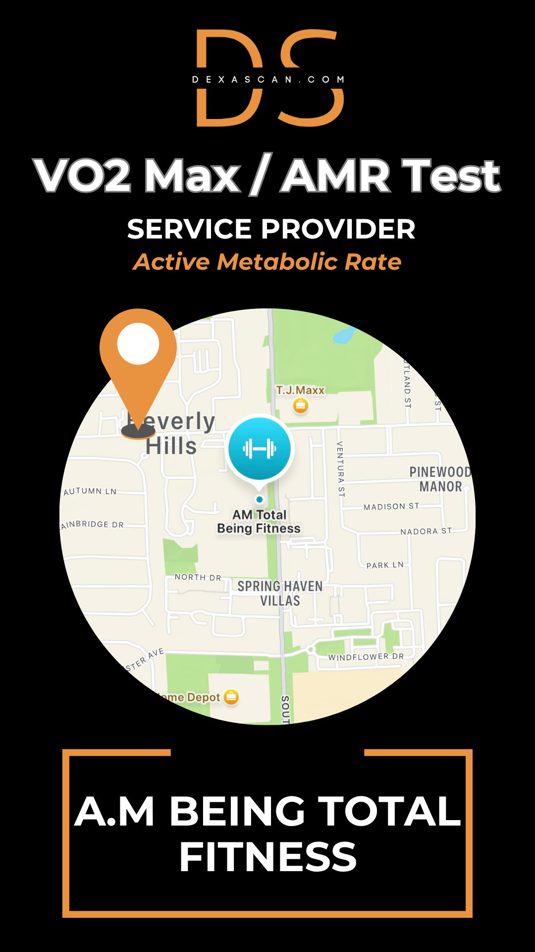 dexascan.com VO2 Max Active Metabolic Rate service provider AM Being Total Fitness with location map and pin