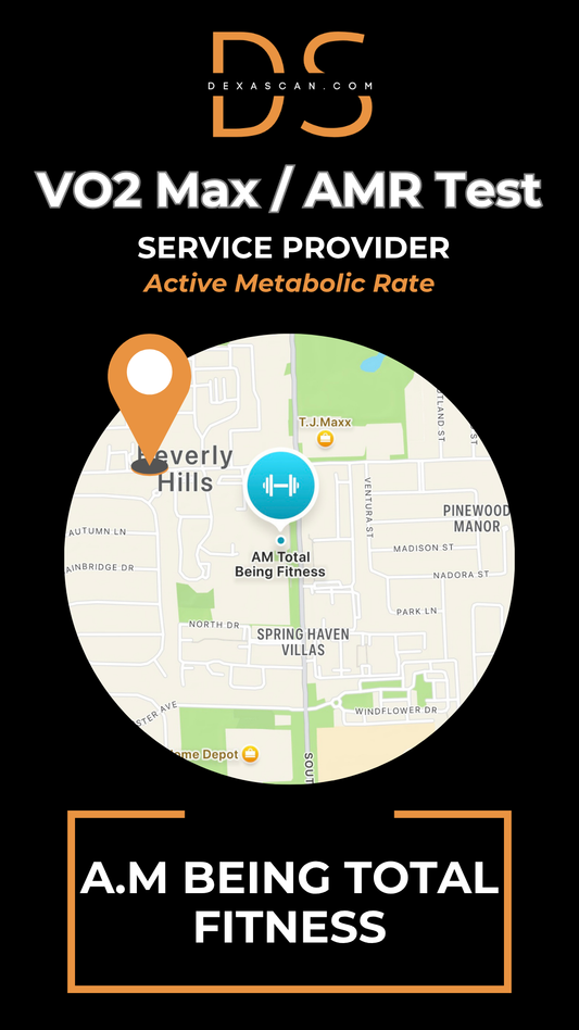 dexascan.com VO2 Max Active Metabolic Rate service provider AM Being Total Fitness with location map and pin