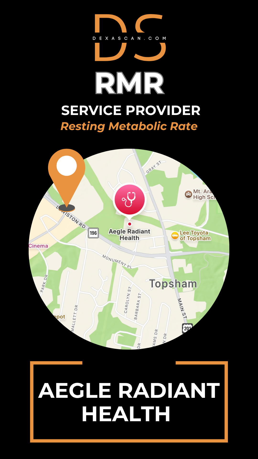 dexascan.com resting metabolic rate service provider Aegle Radiant Health with location map and pin