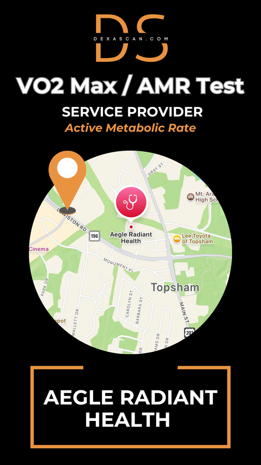 dexascan.com VO2 Max Active Metabolic Rate service provider Aegle Radiant Health with location map and pin