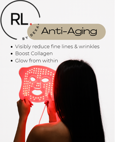 Person using a red light device with RL Anti-Aging branding and benefits listed.