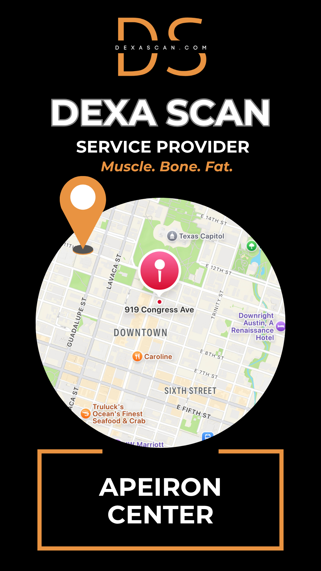 Dexa Scan service provider advertisement with map and branding elements on a black background