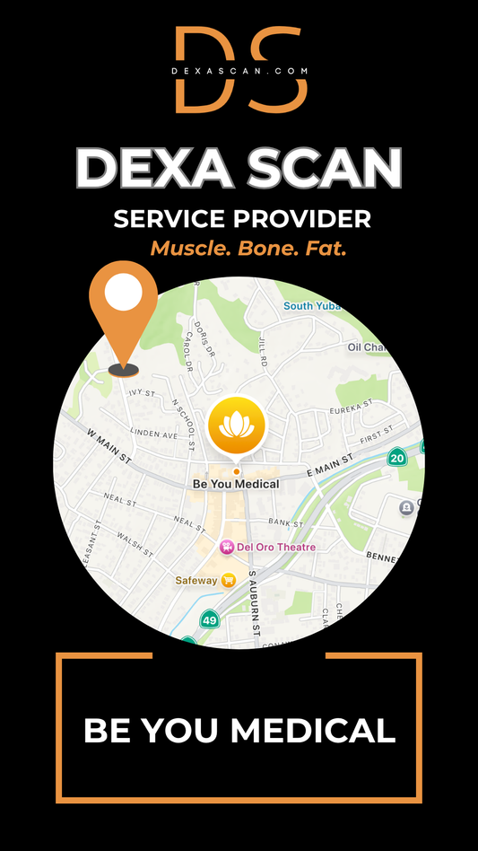 Map with location pin and 'Be You Medical' text on a black background with DEXA SCAN branding.