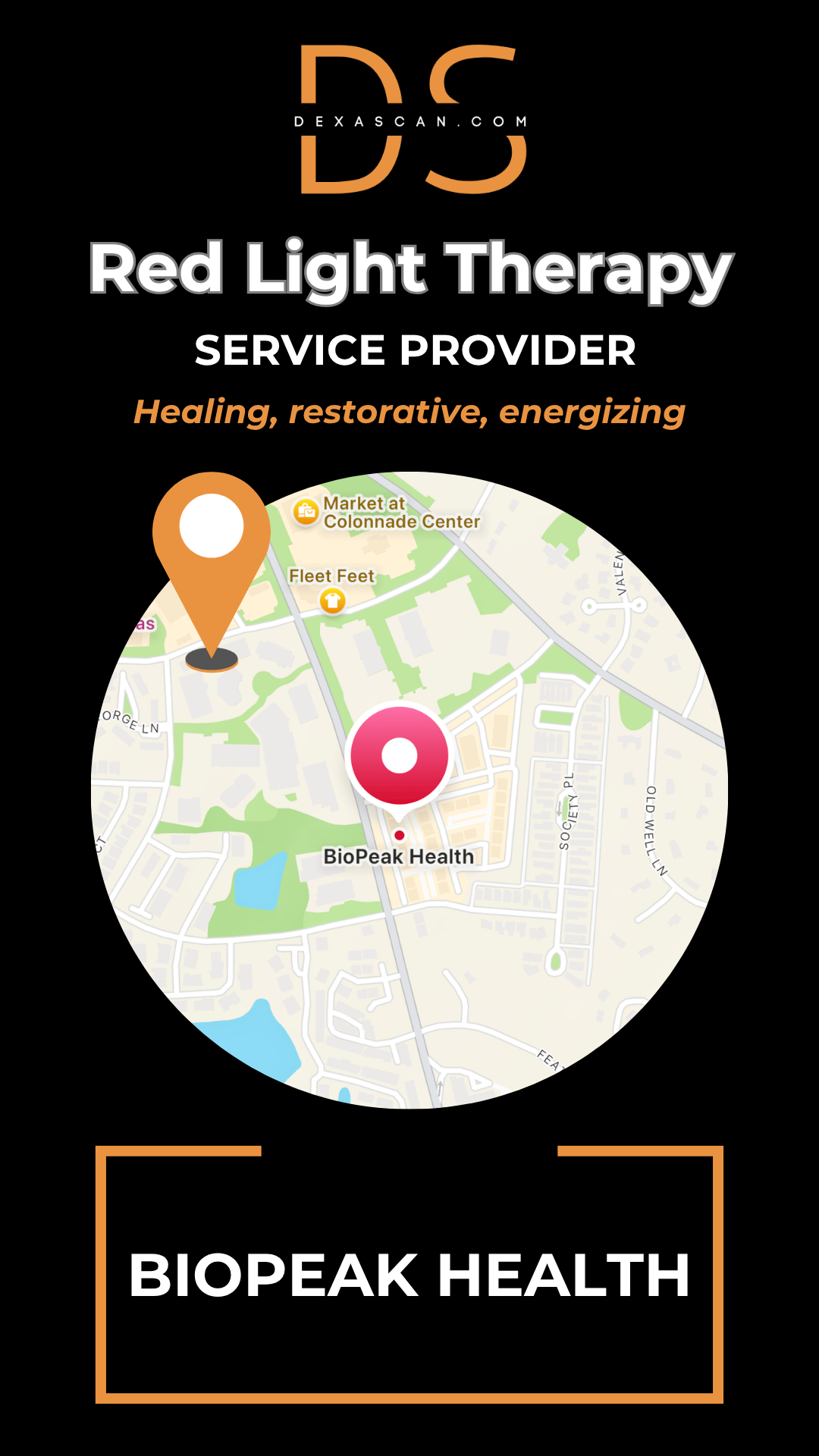 BioPeak Health red light therapy service provider on a black background with map icon.