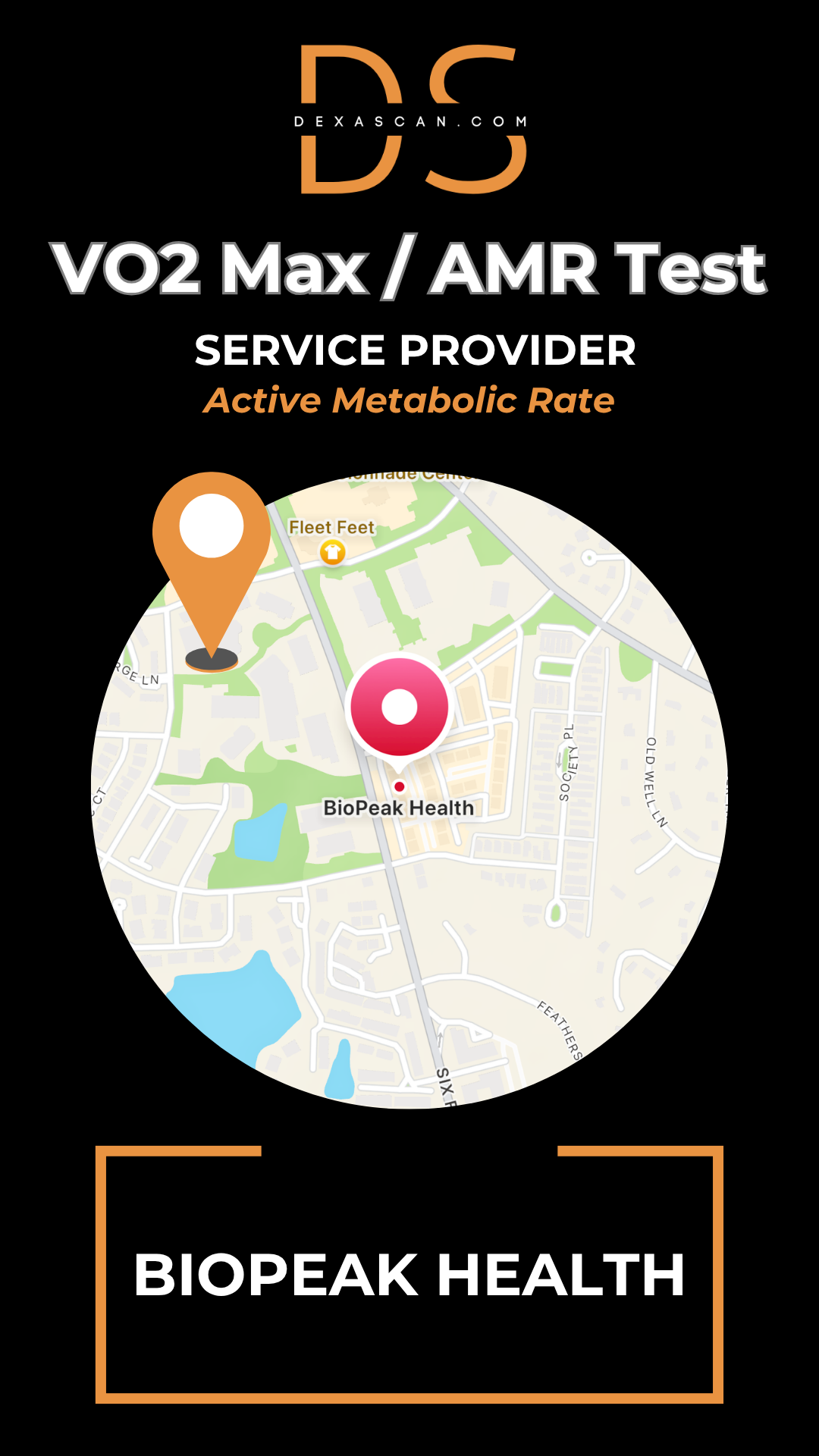 BioPeak Health VO2 Max/AMR Test service provider with map icon and 'BioPeak Health' branding.