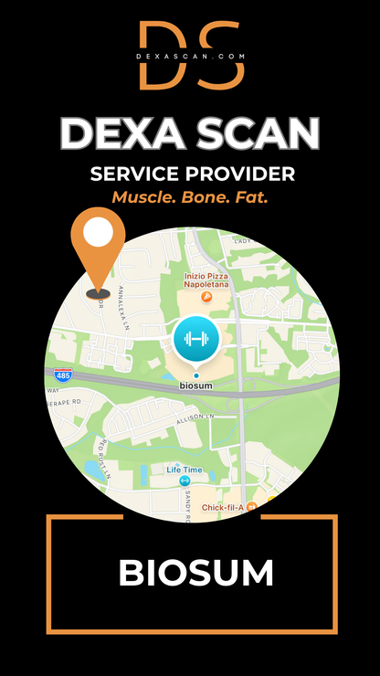 Dexa Scan service provider logo with a map and location pin on a black background