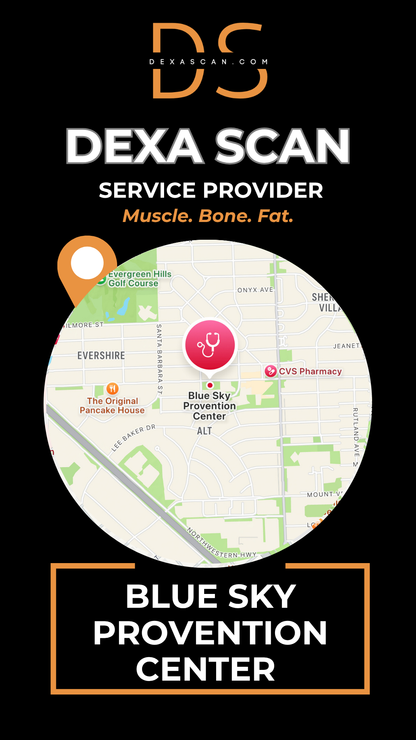 dexascan.com DEXA Scan service provider Blue Sky Provention Center a with location map and pin
