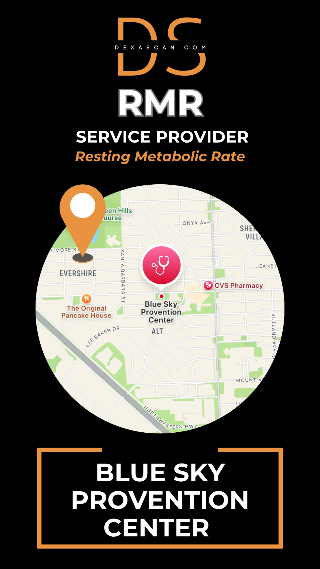 dexascan.com resting metabolic rate service provider Blue Sky Provention Center with location map and pin