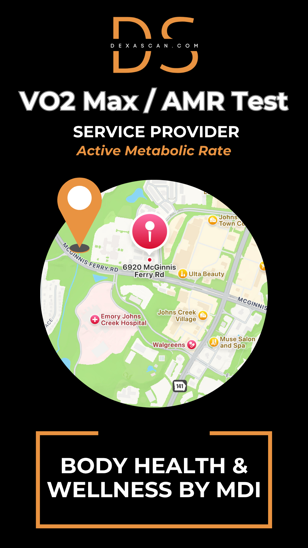 dexascan.com VO2 Max Active Metabolic Rate service provider Body Health & Wellness with location map and pin 