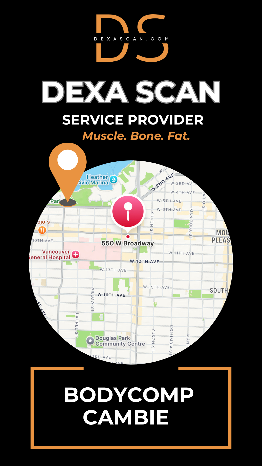 Dexa Scan service provider advertisement with map and contact information on a black background