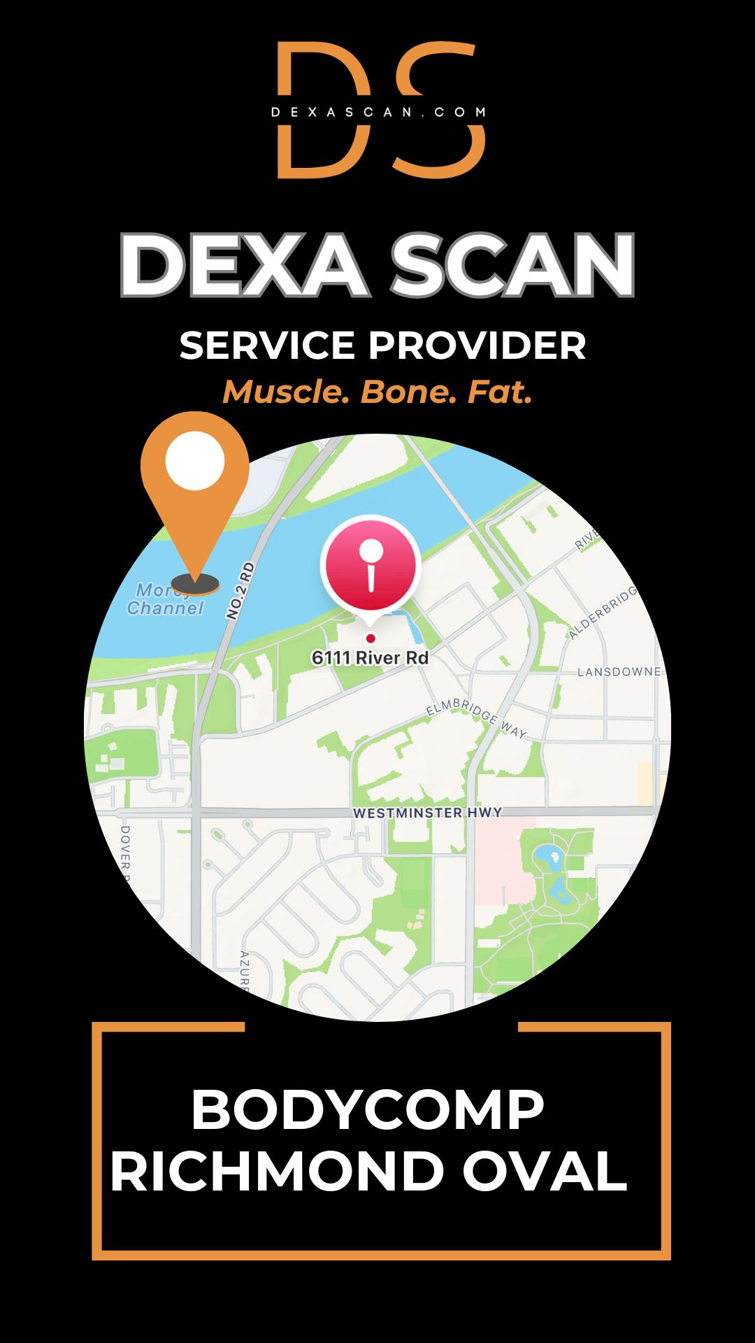 Dexa Scan service provider advertisement with map and contact information on a black background