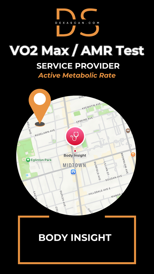 VO2 Max/AMR Test service provider with map and location pin on a black background.