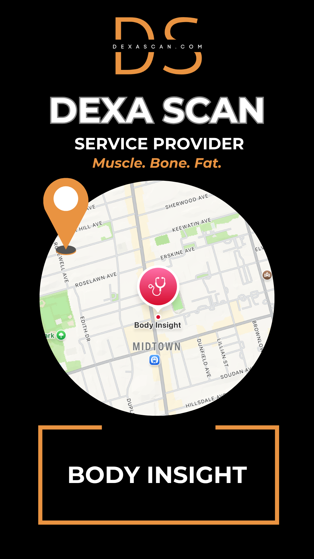 Dexa Scan service provider logo with map and location pin on a black background