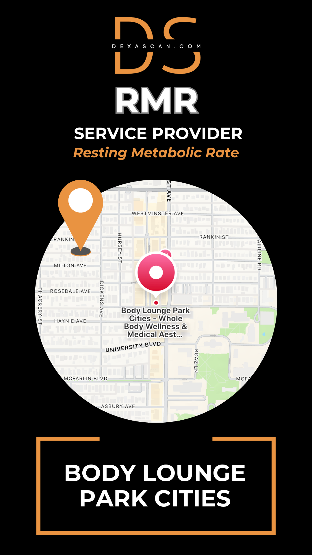 Map with location markers and text about RMR service provider in Park Cities, Dallas.