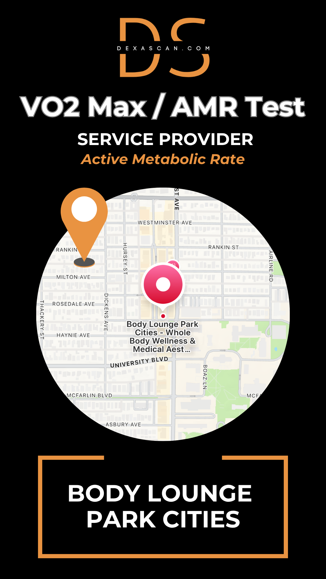 VO2 Max/AMR Test service provider with map and location details on a black background.