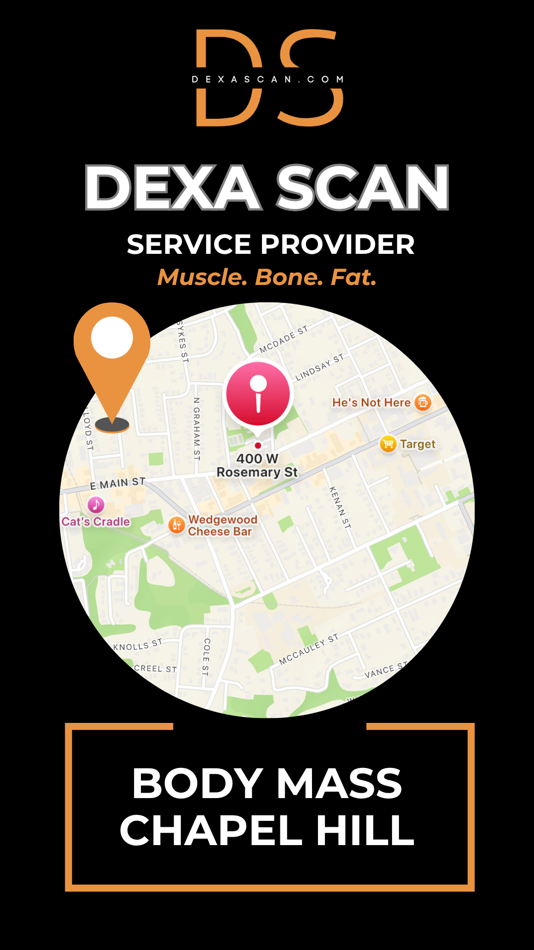dexascan.com DEXA Scan service provider Body Mass Chapel Hill with location map and pin