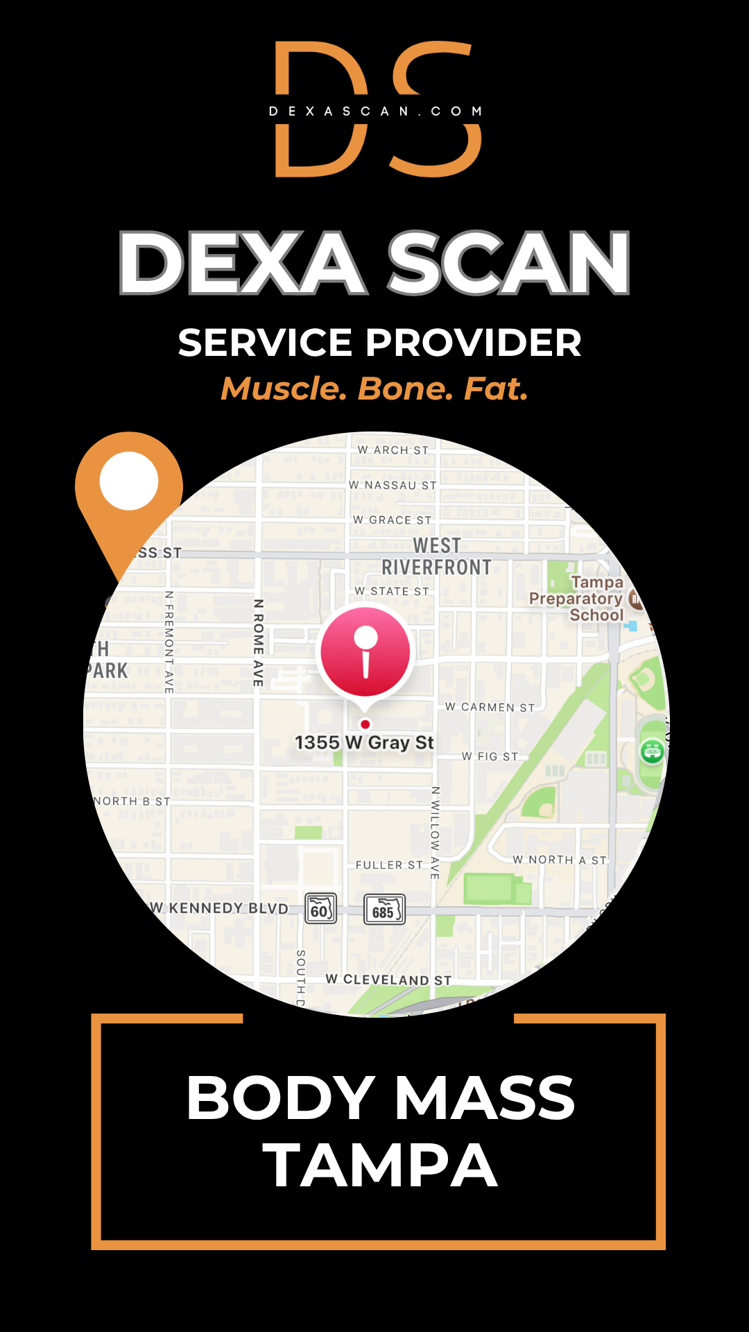 Dexa Scan service provider advertisement with map and branding on a black background