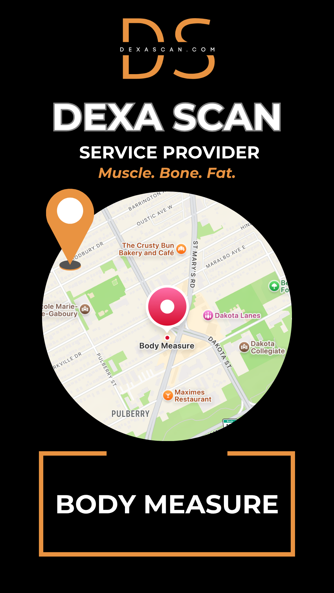 Dexa Scan service provider logo with a map icon on a black background