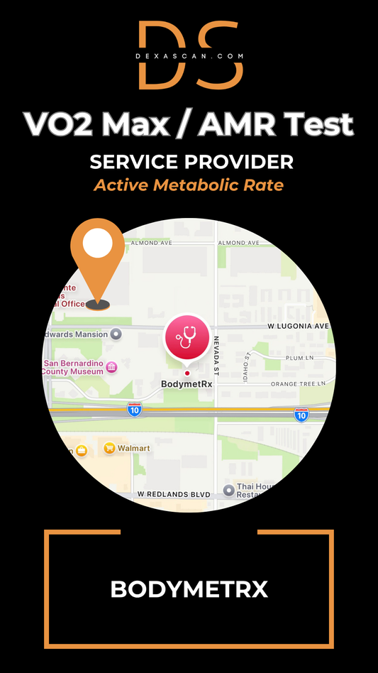 Bodymetrix VO2 Max/AMR Test service provider on a black background with map and location icon.