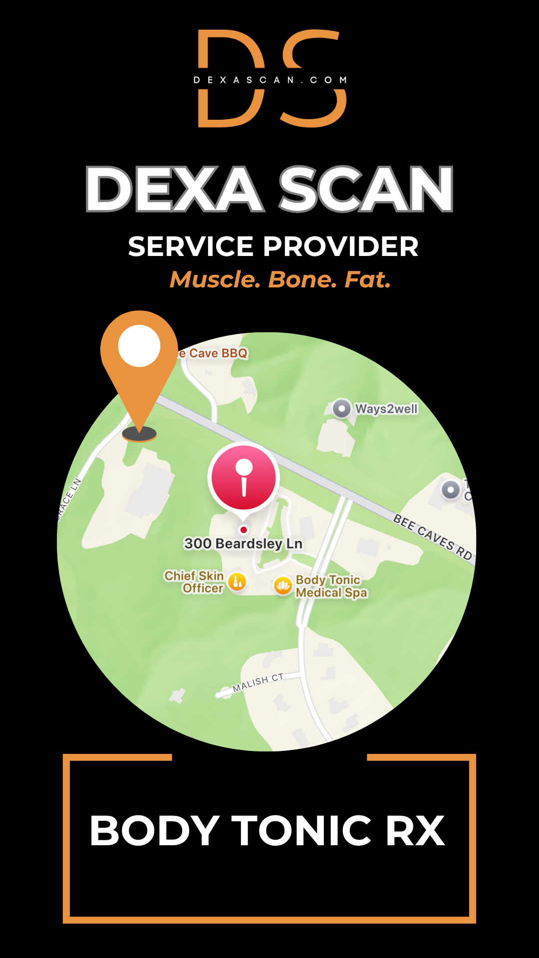 DEXA Scan service provider with map and branding elements on a black background