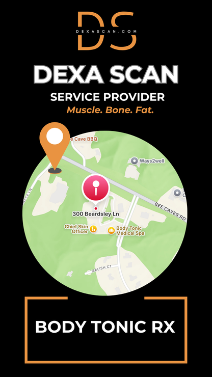 DEXA Scan service provider with map and branding elements on a black background