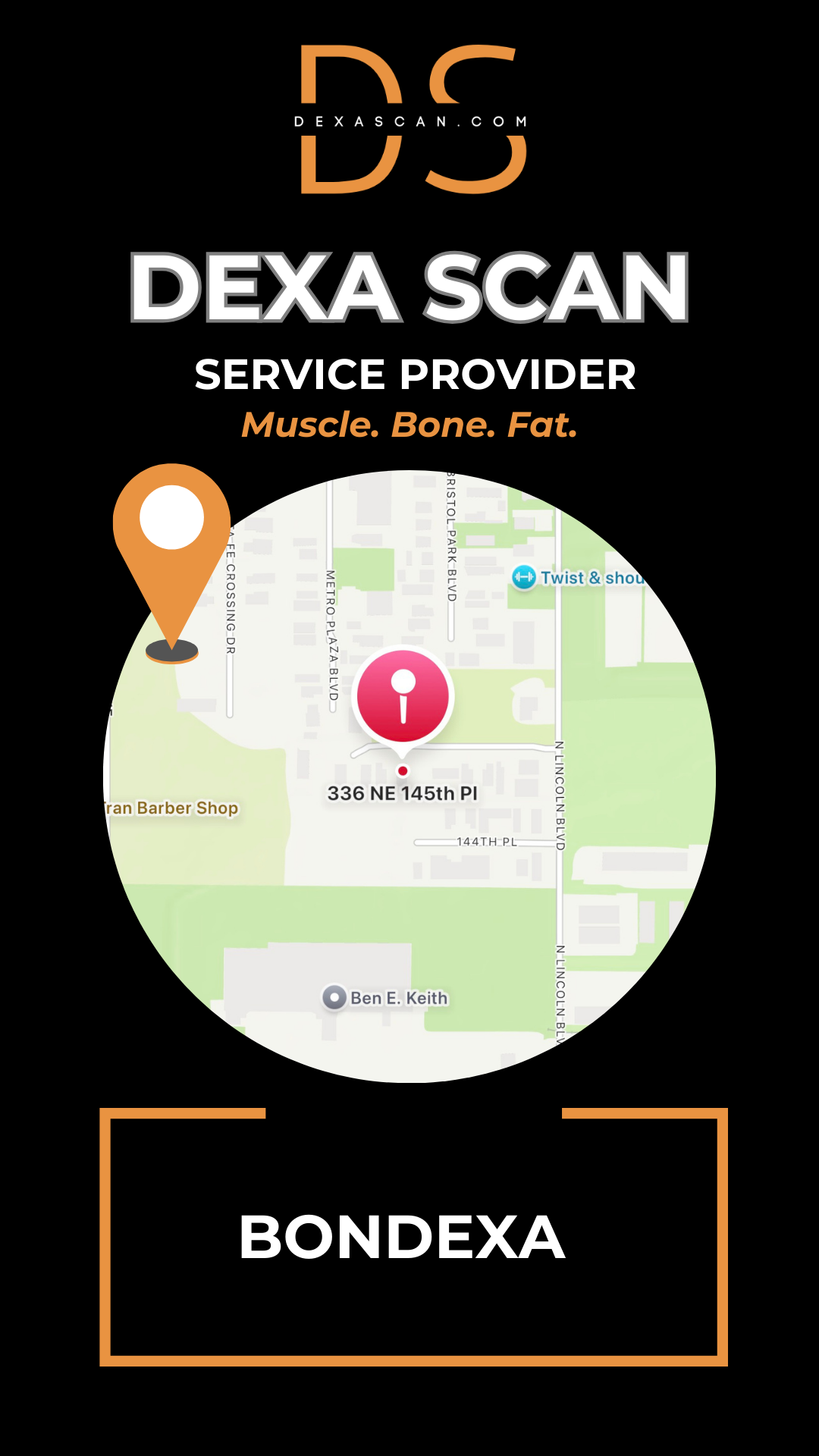 Dexa Scan service provider advertisement with map and branding elements on a black background