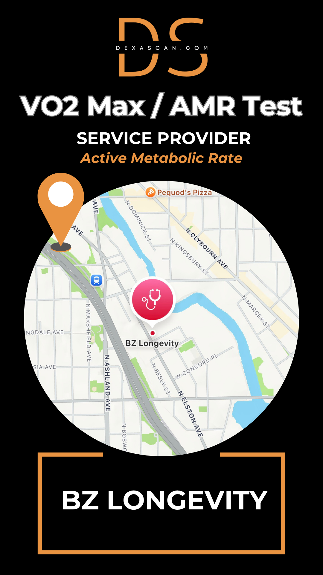 dexascan.com VO2 Max Active Metabolic Rate service provider BZ Longevity with location map and pin