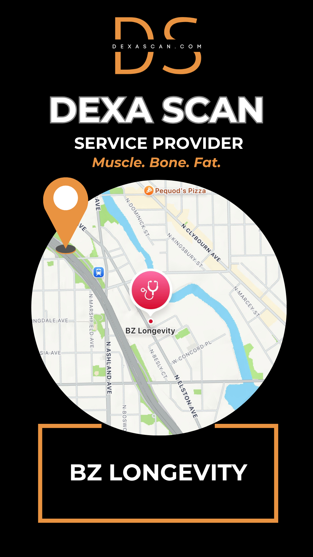dexascan.com DEXA Scan service provider BZ Longevity with location map and pin