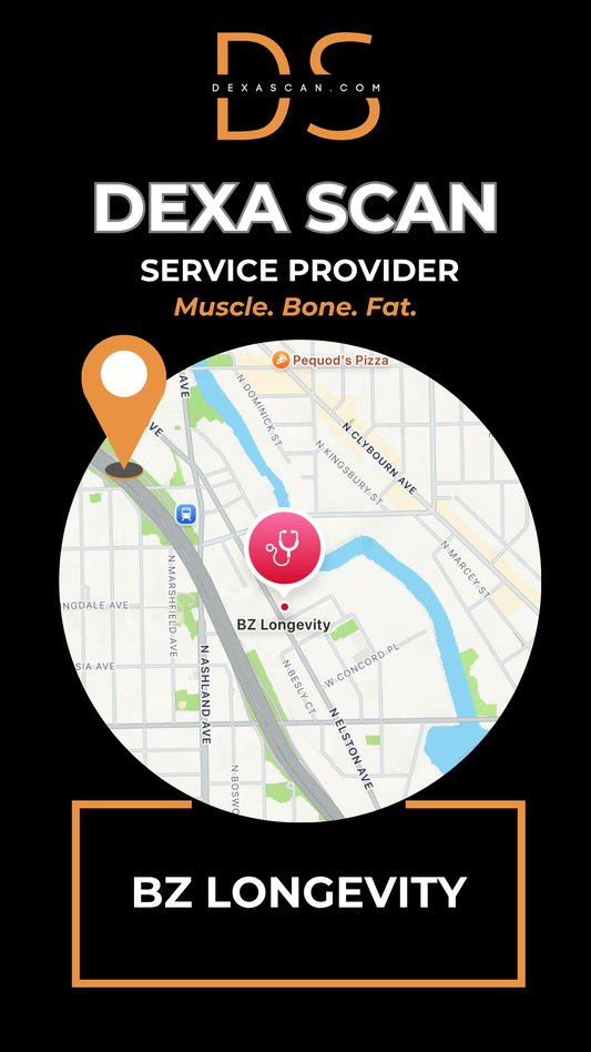 dexascan.com DEXA Scan service provider BZ Longevity with location map and pin