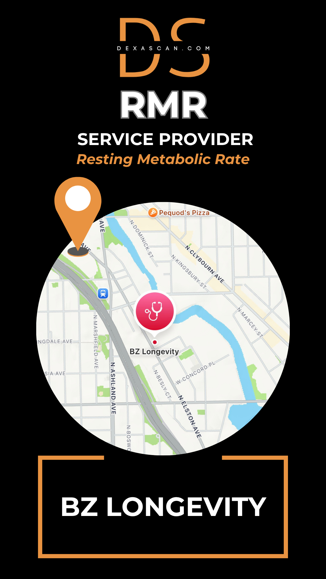 dexascan.com resting metabolic rate service provider BZ Longevity with location map and pin