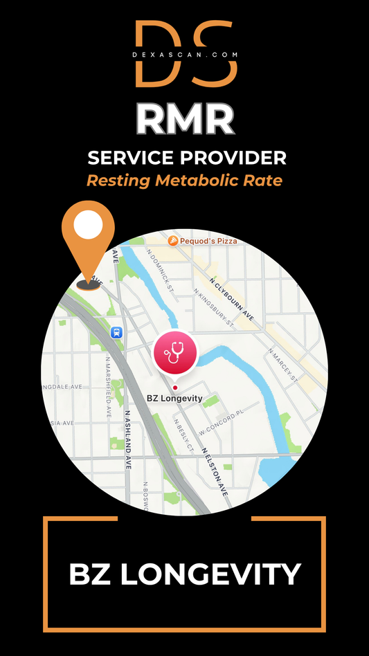 dexascan.com resting metabolic rate service provider BZ Longevity with location map and pin