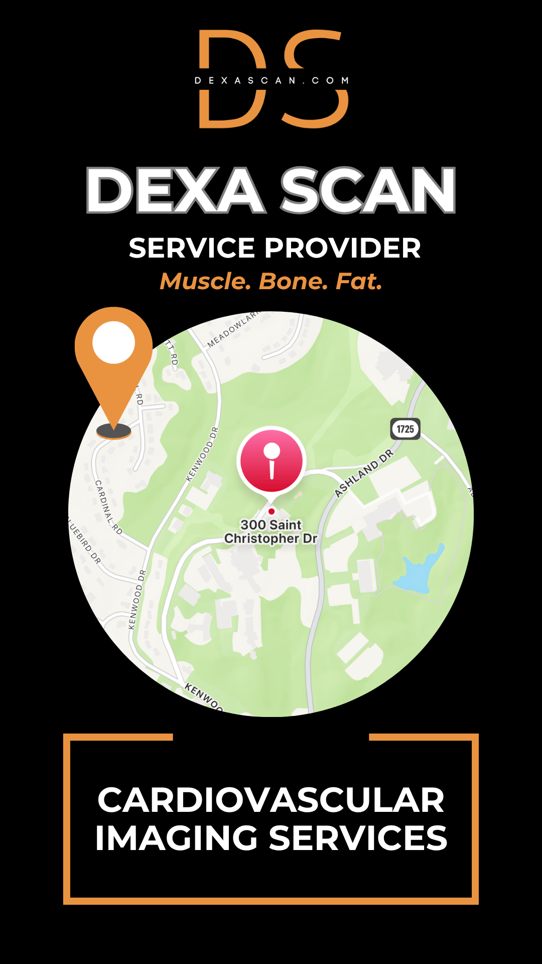 Dexa Scan service provider advertisement with map icon and text on a black background