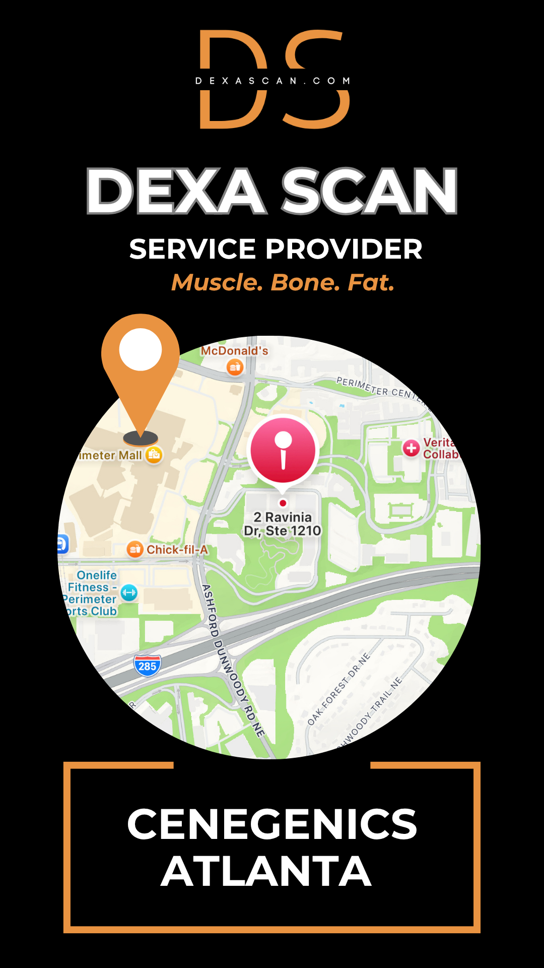 Dexa Scan service provider advertisement with map and contact information on a black background